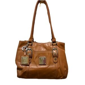 Leather Shoulder Bag with Silver Hardware, Buckle Accent, Tignanello Brown